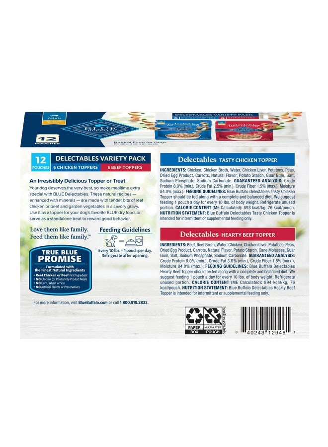 بلو بافلو مجموعة متنوعة من إضافات طعام الكلاب الرطب الطبيعي من بلو بافالو ديلكتابلز، دجاج لذيذ ولحم بقري شهي، قطع في المرق، ٨٧ غرامًا (١٢ كيسًا، ٦ من كل نكهة) - Image 2