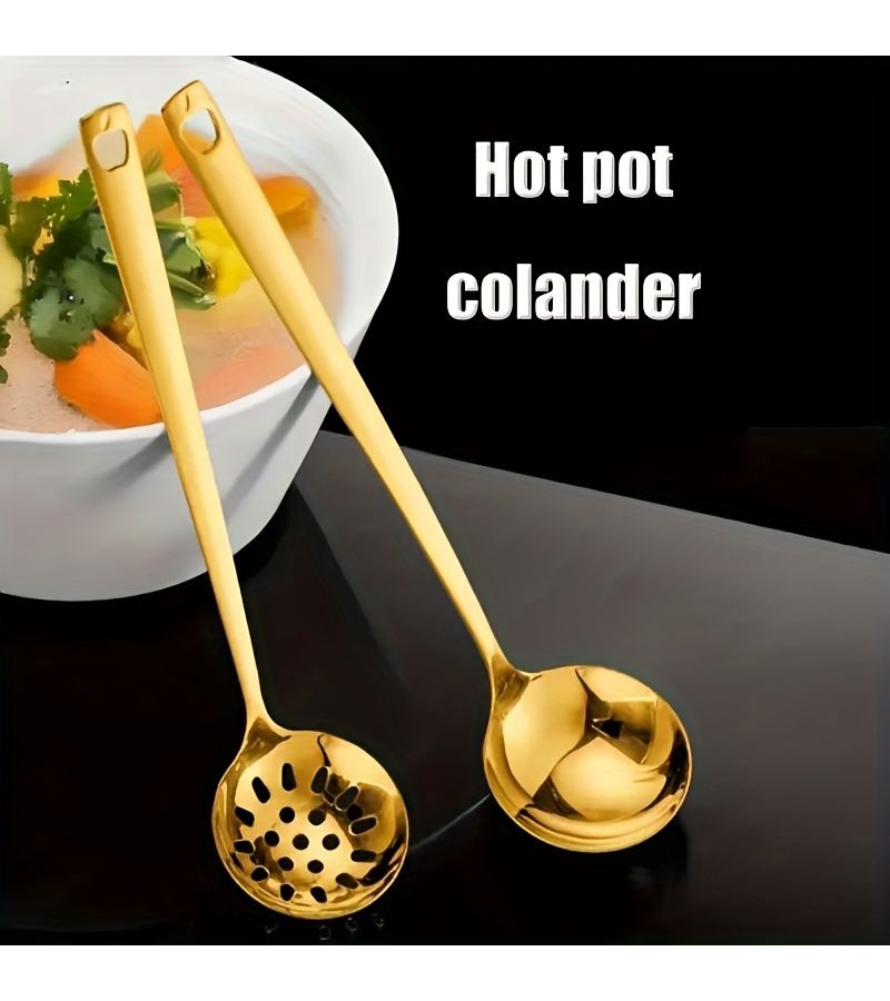 A Set Of 2 Elegant Golden Stainless Steel Spoons And A Slotted Spoon With Long Handled Hot Pot Strainer For Kitchen Cooking And Home Use - Image 1