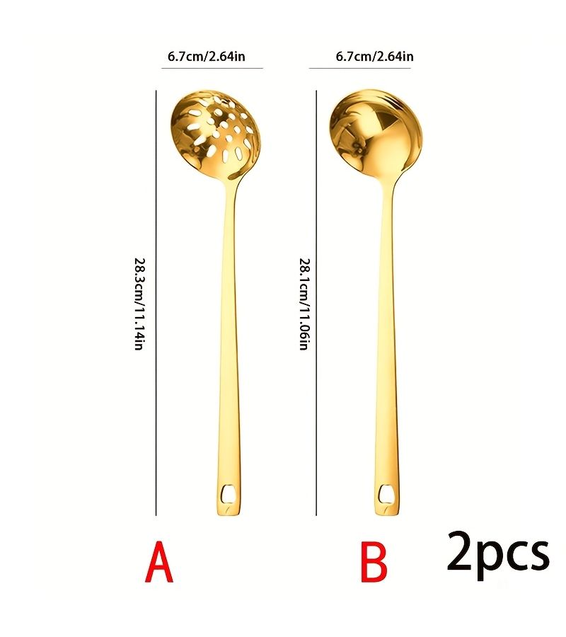 A Set Of 2 Elegant Golden Stainless Steel Spoons And A Slotted Spoon With Long Handled Hot Pot Strainer For Kitchen Cooking And Home Use - Image 2
