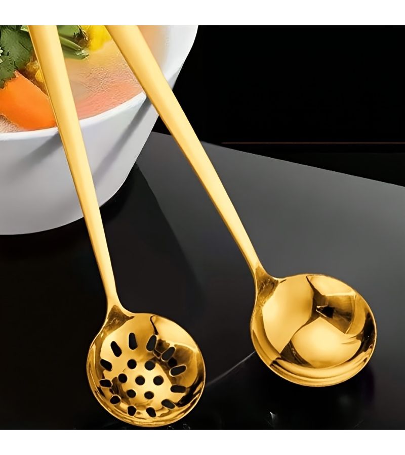 A Set Of 2 Elegant Golden Stainless Steel Spoons And A Slotted Spoon With Long Handled Hot Pot Strainer For Kitchen Cooking And Home Use - Image 3