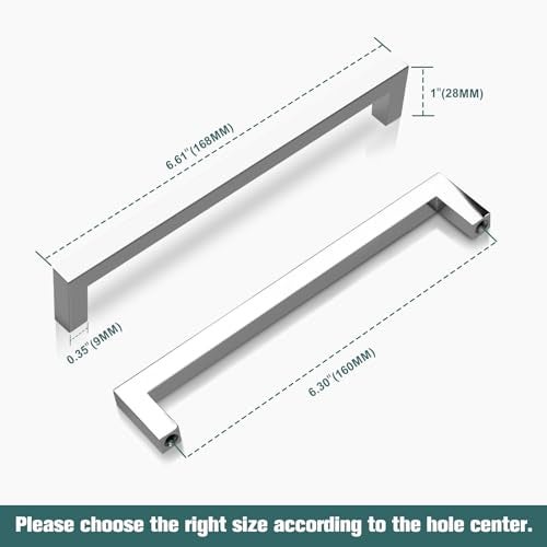 GOBEKOR 10 Pack Polished Chrome Cabinet Handles 6-1/4 Inch Hole Center Chrome Cabinet Pulls, Square Drawer Pulls Solid Dresser Handles Cabinet Hardware - Image 4