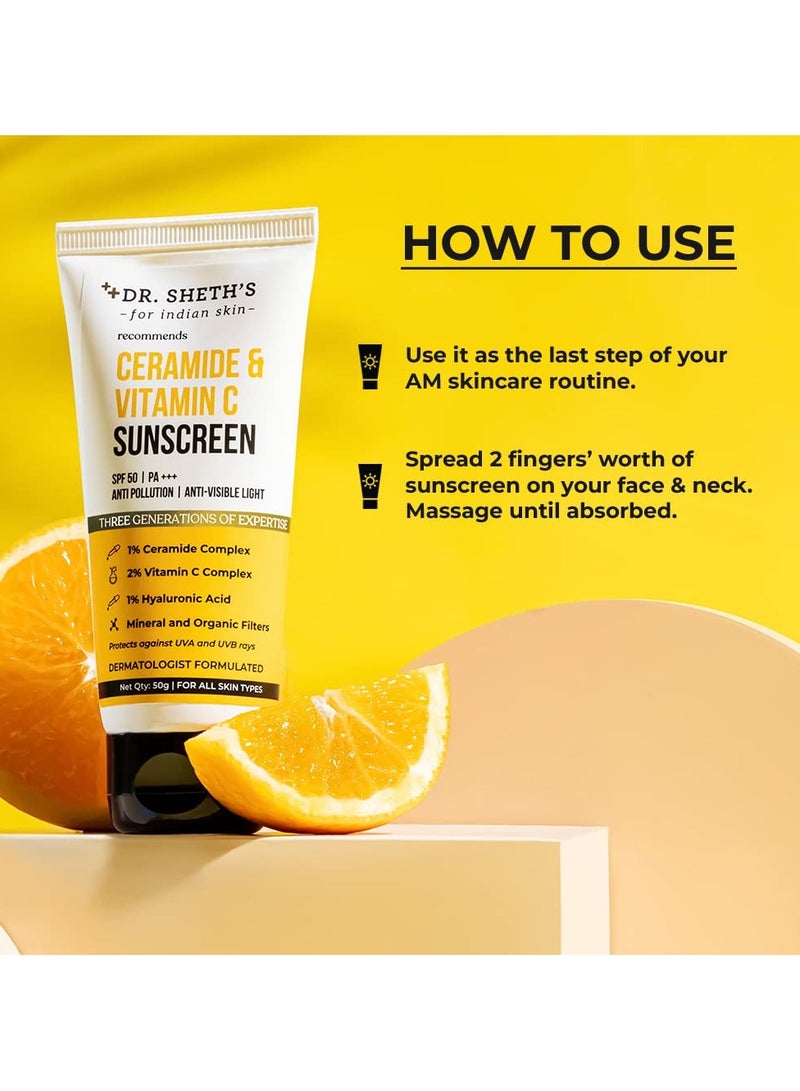 Dr. Sheth's Ceramide & Vitamin C Sunscreen SPF 50+ PA+++ | One Step Routine for Summer | Non-Greasy, Quick-Absorbing | Zero White Cast | For Women - Image 3