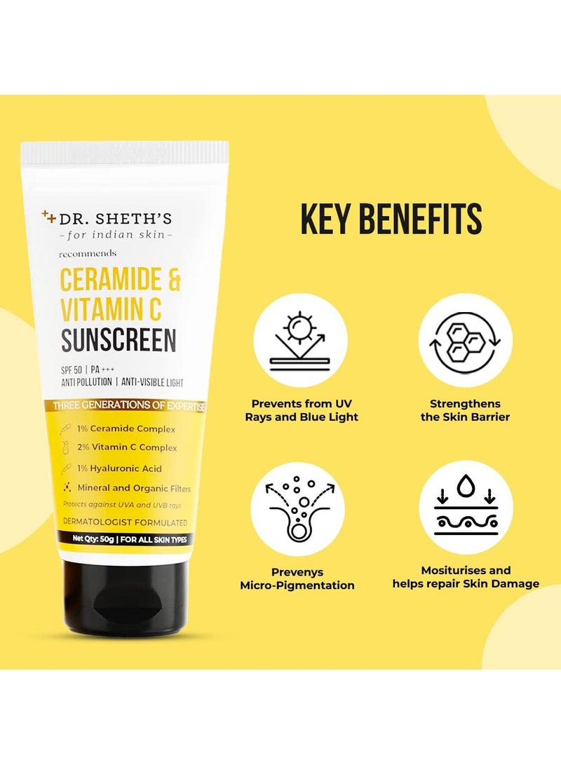 Dr. Sheth's Ceramide & Vitamin C Sunscreen SPF 50+ PA+++ | One Step Routine for Summer | Non-Greasy, Quick-Absorbing | Zero White Cast | For Women - Image 1