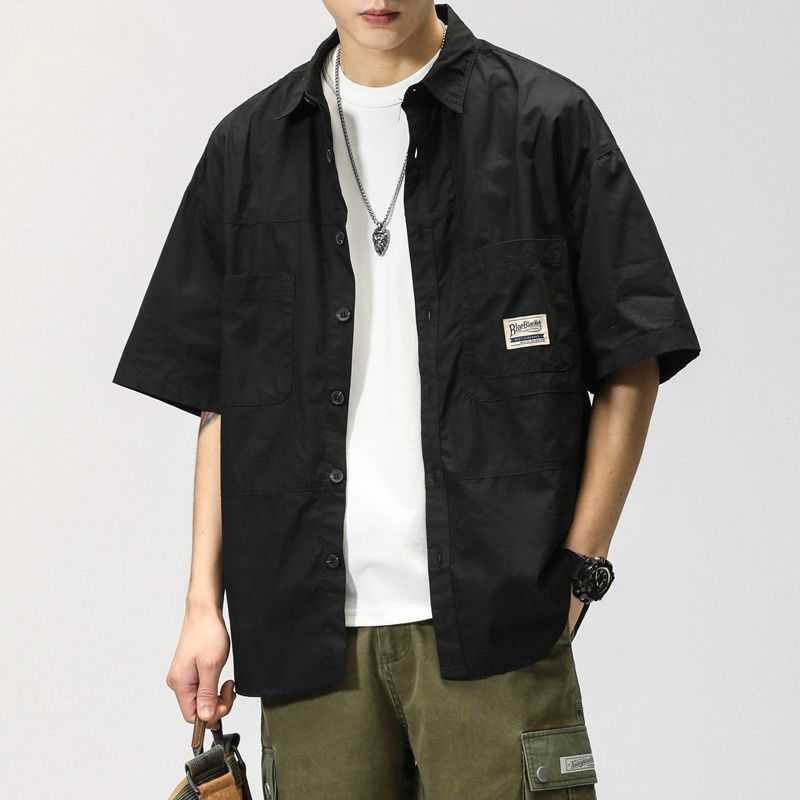 Summer Thin Army Green Mens Cotton Short Sleeve Work Shirt Black 