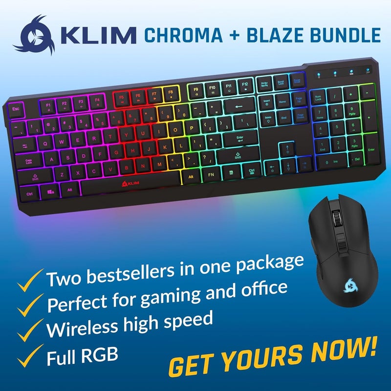 KLIM Chroma Wireless Keyboard and Mouse – RGB Backlit Gaming Combo, Rechargeable Wireless Keyboard & RGB Mouse, Durable & Ergonomic, Dual USB Receivers, Compatible with PC, Mac, PS4, PS5 - Image 3