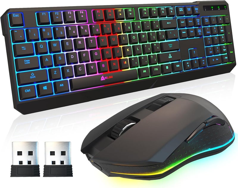 KLIM Chroma Wireless Keyboard and Mouse – RGB Backlit Gaming Combo, Rechargeable Wireless Keyboard & RGB Mouse, Durable & Ergonomic, Dual USB Receivers, Compatible with PC, Mac, PS4, PS5 - Image 1