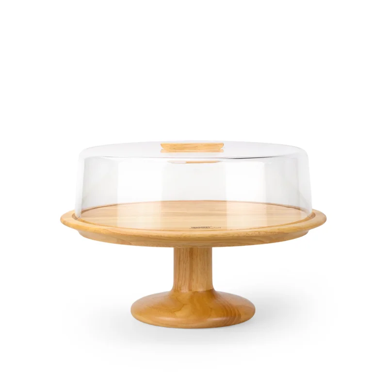 Billi Billi Rubberwood Cake Dome with Glass Lid, 32.5cm Large Cake Stand, Wooden Dessert Display Stand, Round Cake Holder for Bakery, Parties, Kitchen & Serving