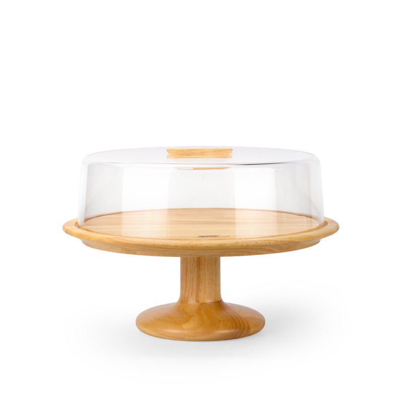 Billi Rubberwood Cake Dome with Glass Lid, 32.5cm Large Cake Stand, Wooden Dessert Display Stand, Round Cake Holder for Bakery, Parties, Kitchen & Serving - Image 1