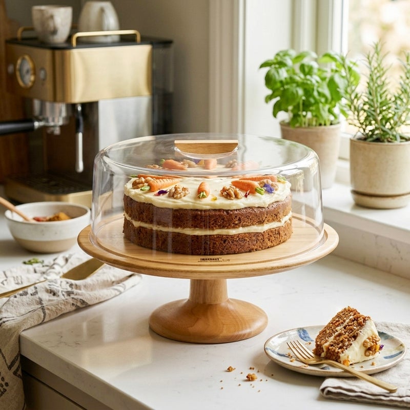 Billi Rubberwood Cake Dome with Glass Lid, 32.5cm Large Cake Stand, Wooden Dessert Display Stand, Round Cake Holder for Bakery, Parties, Kitchen & Serving - Image 5