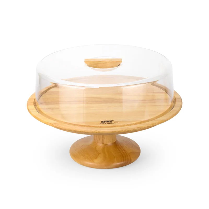 Billi Billi Rubberwood Cake Dome with Glass Lid, 32.5cm Large Cake Stand, Wooden Dessert Display Stand, Round Cake Holder for Bakery, Parties, Kitchen & Serving