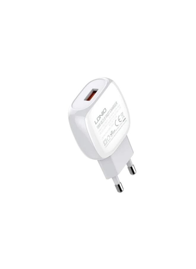 LDNIO - A1306Q Latitude Series Quality EU Plug Fast Wall Charger 18W With Type-C USB Charging Cable - White - Image 1