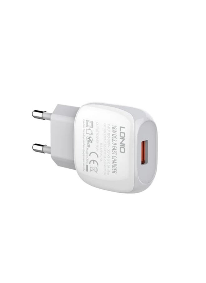 LDNIO - A1306Q Latitude Series Quality EU Plug Fast Wall Charger 18W With Type-C USB Charging Cable - White - Image 1