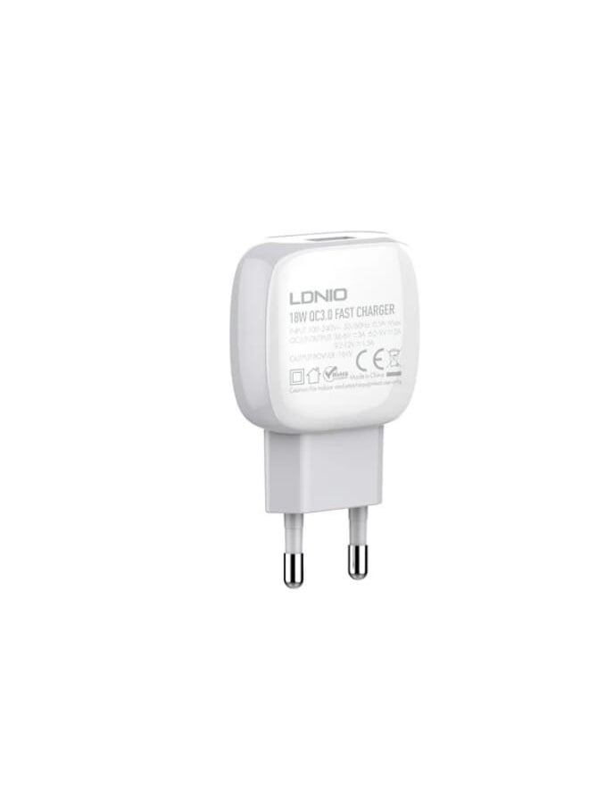 LDNIO - A1306Q Latitude Series Quality EU Plug Fast Wall Charger 18W With Type-C USB Charging Cable - White - Image 1