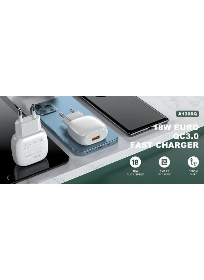 LDNIO - A1306Q Latitude Series Quality EU Plug Fast Wall Charger 18W With Type-C USB Charging Cable - White - Image 1