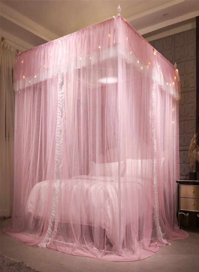 VETHIN 4 Corners Post Ruffle Princess Bed Canopy Curtain-Double Layer Cozy Drape Netting 4 Opening Mosquito Net for Girls Adults Bedroom Decoration (Pink/Whtie, 53" W*78" L*82"*H/(Full)) - Image 4