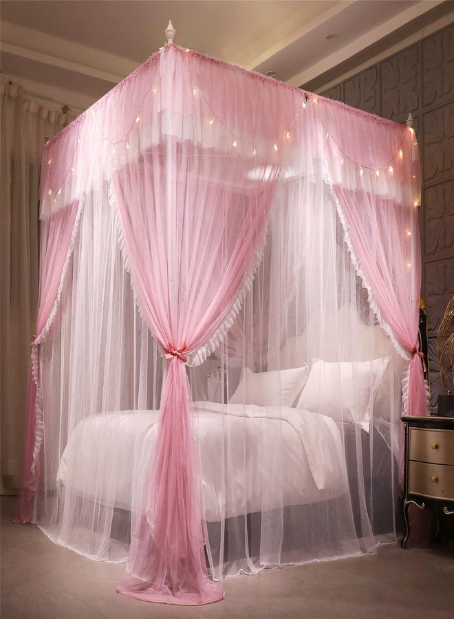 VETHIN 4 Corners Post Ruffle Princess Bed Canopy Curtain-Double Layer Cozy Drape Netting 4 Opening Mosquito Net for Girls Adults Bedroom Decoration (Pink/Whtie, 53" W*78" L*82"*H/(Full)) - Image 3