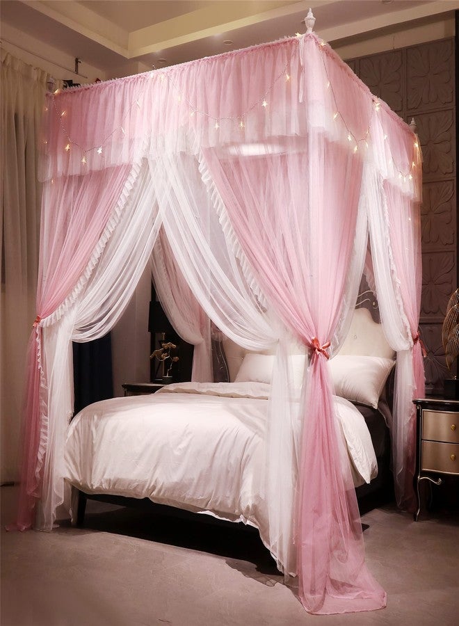 VETHIN 4 Corners Post Ruffle Princess Bed Canopy Curtain-Double Layer Cozy Drape Netting 4 Opening Mosquito Net for Girls Adults Bedroom Decoration (Pink/Whtie, 53" W*78" L*82"*H/(Full)) - Image 1