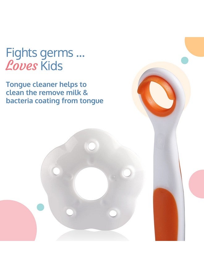 Luvlap مجموعة فرشاة أسنان تدريبية للأطفال من لوف لاب مع درع مضاد للاختناق، منظف لسان وأسنان الأطفال، نظافة فموية للأطفال، 3 قطع، (أبيض/برتقالي) - Image 4