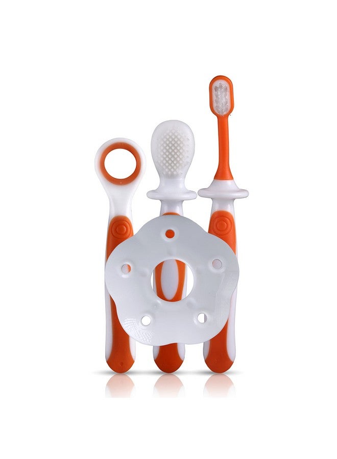 Luvlap مجموعة فرشاة أسنان تدريبية للأطفال من لوف لاب مع درع مضاد للاختناق، منظف لسان وأسنان الأطفال، نظافة فموية للأطفال، 3 قطع، (أبيض/برتقالي) - Image 1