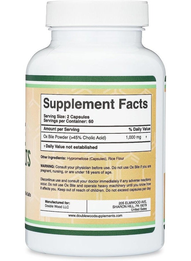 Double Wood Supplements Ox Bile Supplement for No Gallbladder (1,000mg Per Serving, 500mg per Capsule, 120 Capsules) Standardized to 45% Cholic Acid Bile Salts to Help Address Bile Salt Deficiencies by Double Wood - Image 2