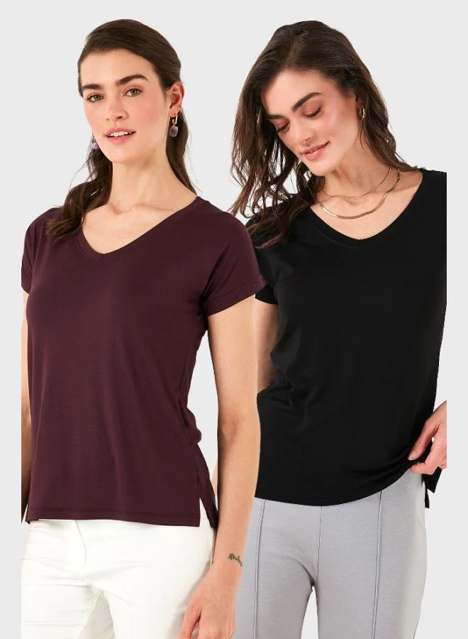 Lela Lela V-Neck Relaxed Fit Slit Detailed 2-Pack Blouse Women's BLOUSE 5862000S2