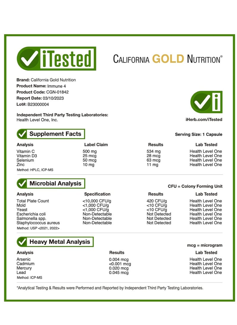 California Gold Nutrition - Immunity 4 Enriched With Vitamins C, E, Zinc and Selenium for Immune System Support 60 Veggie Capsules - Image 1