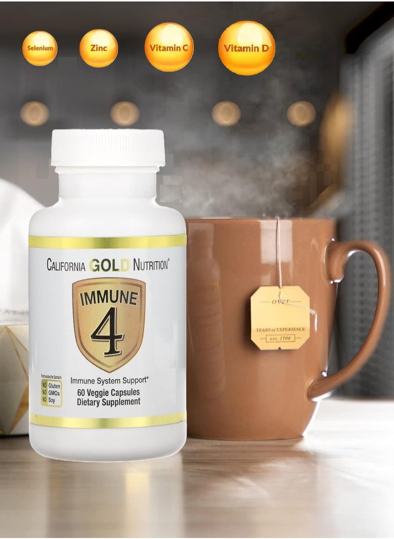 California Gold Nutrition - Immunity 4 Enriched With Vitamins C, E, Zinc and Selenium for Immune System Support 60 Veggie Capsules - Image 1