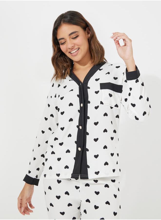 Take Two Heart Print Button Detail Shirt & Pyjama Set  - Image 2
