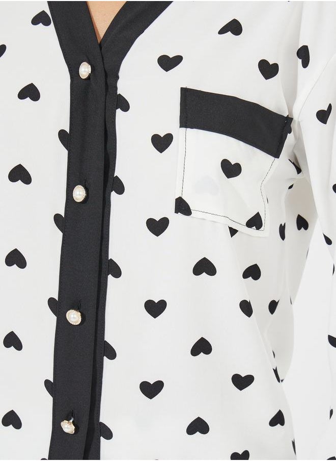 Take Two Heart Print Button Detail Shirt & Pyjama Set  - Image 3