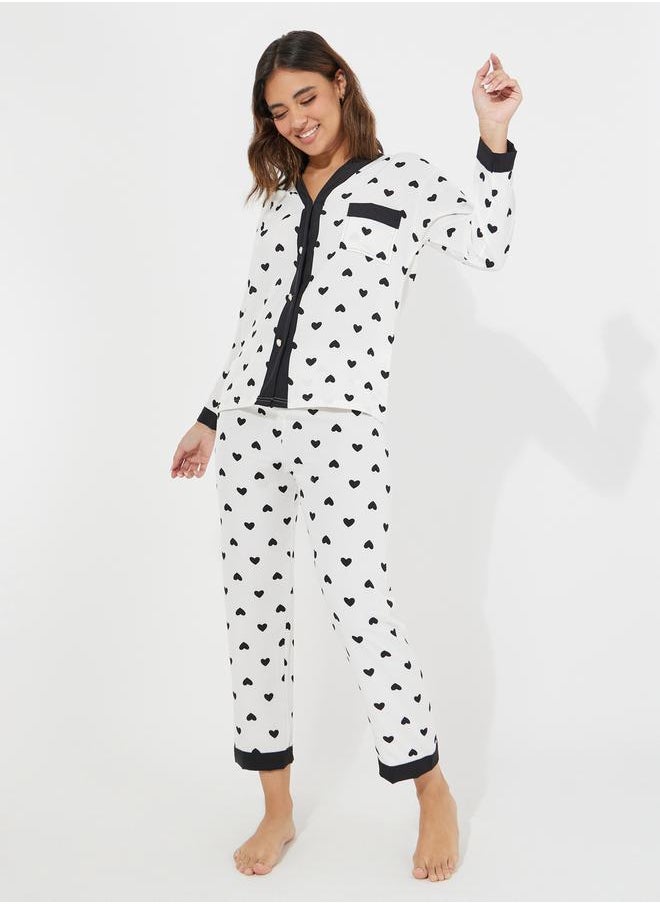 Take Two Heart Print Button Detail Shirt & Pyjama Set  - Image 1