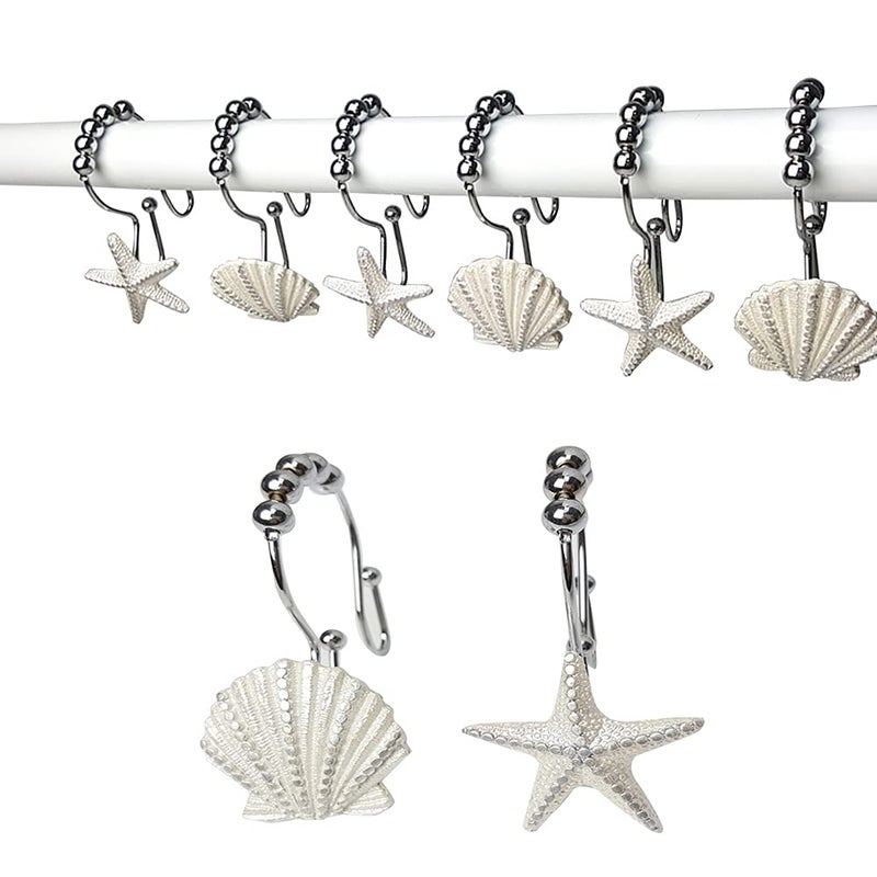 Starfish  Seashell Stainless Steel Rust Resistant Double Hooks Glide Shower Curtain Ring Hangs Holder for Bathroom Home Decor