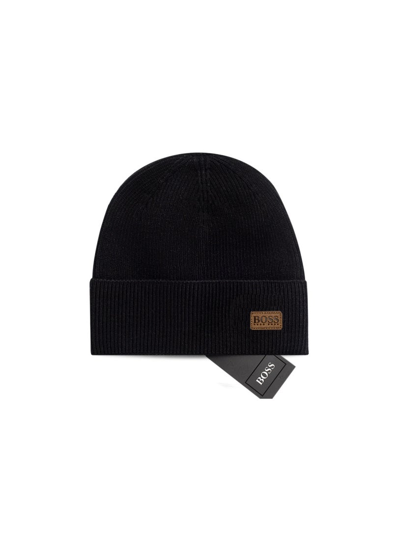 BOSS Black Knit Beanie with Tan Leather Brand Patch