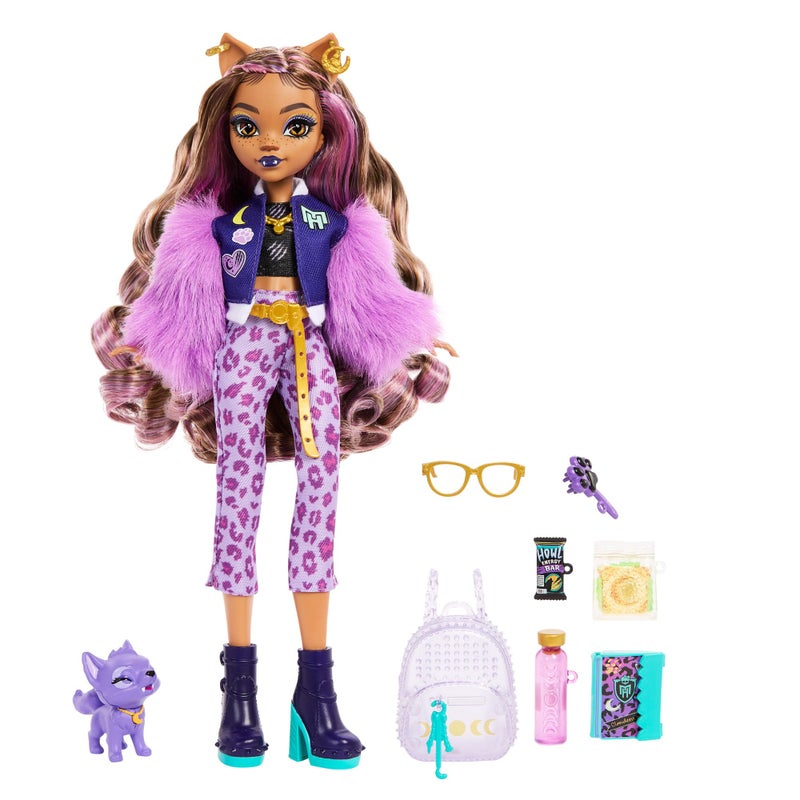 MONSTER HIGH دمية مونستر هاي كلودين وولف مع كلبها الأليف كريسنت وإكسسوارات مثل حقيبة الظهر، المخطط، الوجبات الخفيفة والمزيد - Image 5