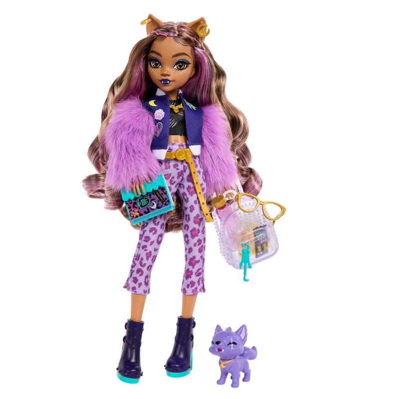 MONSTER HIGH دمية مونستر هاي كلودين وولف مع كلبها الأليف كريسنت وإكسسوارات مثل حقيبة الظهر، المخطط، الوجبات الخفيفة والمزيد - Image 1