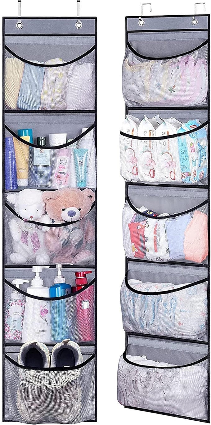 2 PACK OVER THE DOOR STORAGE HANGING ORGANISER WITH 5 MESH POCKETS ORGANIZER FOR BEDROOM BATHROOM CLOSET WARDROBE GREY