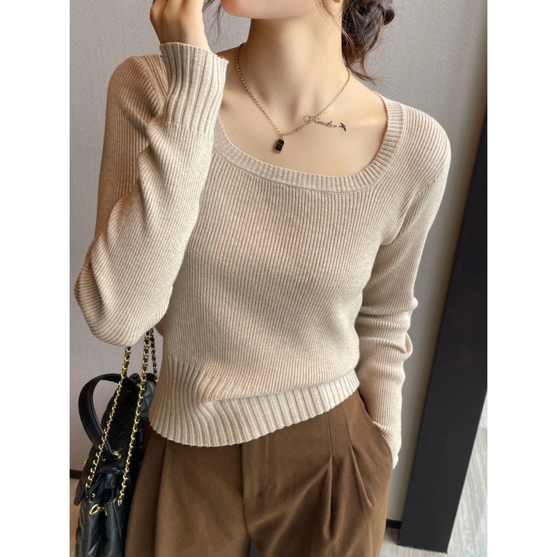 Knitwear for women Spring Autumn Winter 2023 new high-grade slim square collar bottoming shirt inner wear early autumn long sleeve top Brown - Image 5