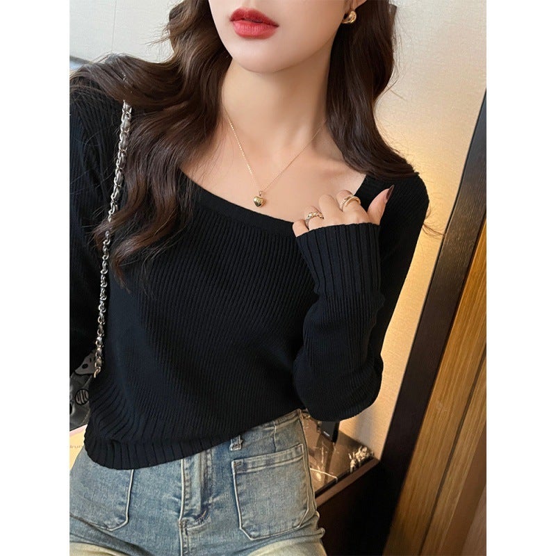 Knitwear for women Spring Autumn Winter 2023 new high-grade slim square collar bottoming shirt inner wear early autumn long sleeve top Brown - Image 2