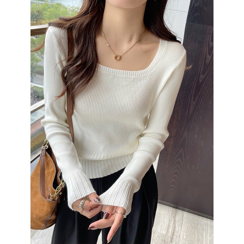Knitwear for women Spring Autumn Winter 2023 new high-grade slim square collar bottoming shirt inner wear early autumn long sleeve top Brown - Image 4