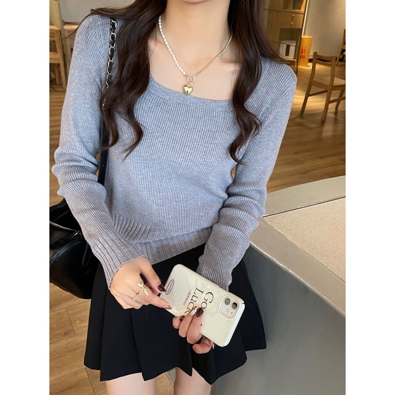 Knitwear for women Spring Autumn Winter 2023 new high-grade slim square collar bottoming shirt inner wear early autumn long sleeve top Brown - Image 3