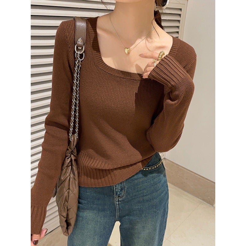 Knitwear for women Spring Autumn Winter 2023 new high-grade slim square collar bottoming shirt inner wear early autumn long sleeve top Brown - Image 1