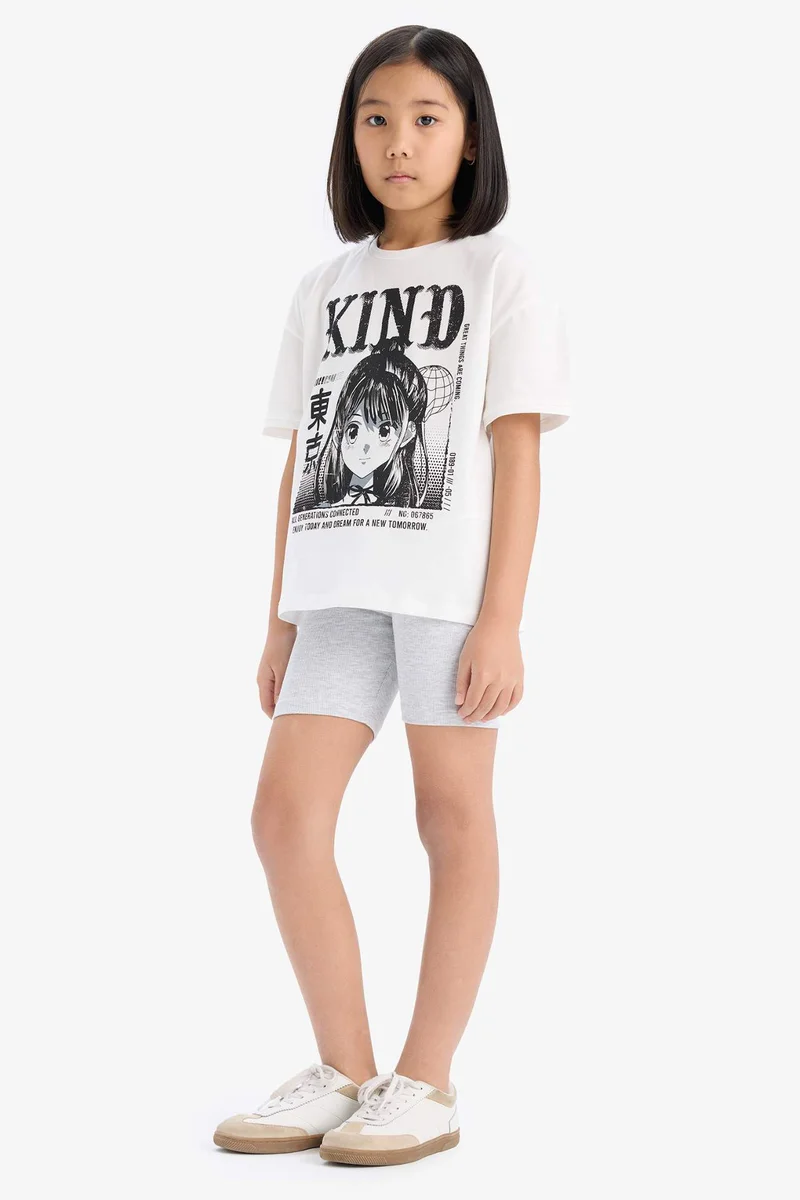 ديفاكتو Girl Cotton Printed T-Shirt Biker Leggings 2 Piece Set