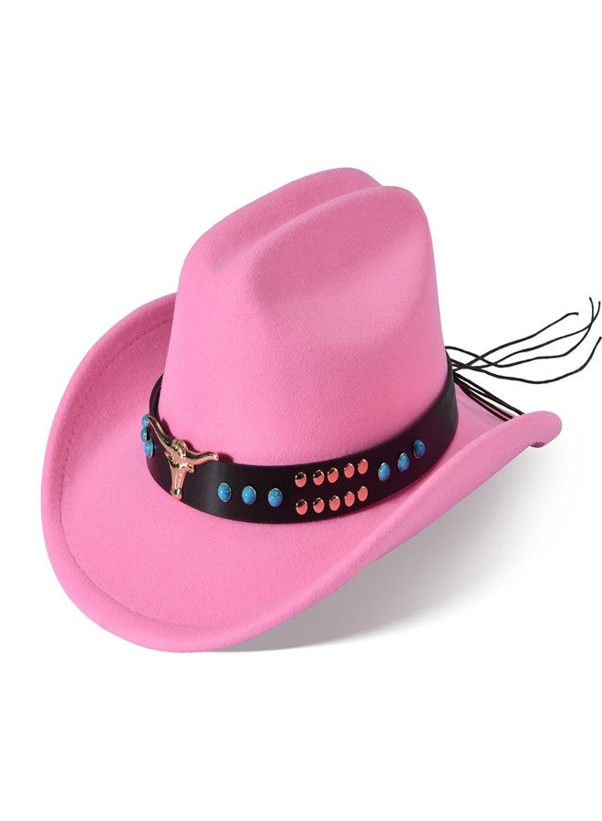 Willheoy Kids Cowboy Hat for Girls Boys Girls Western Cowgirl Hat with Buckle Belt Unisex Wide Brim Fedora Hat (US, Numeric, 6 1/2, Rose) - Image 1