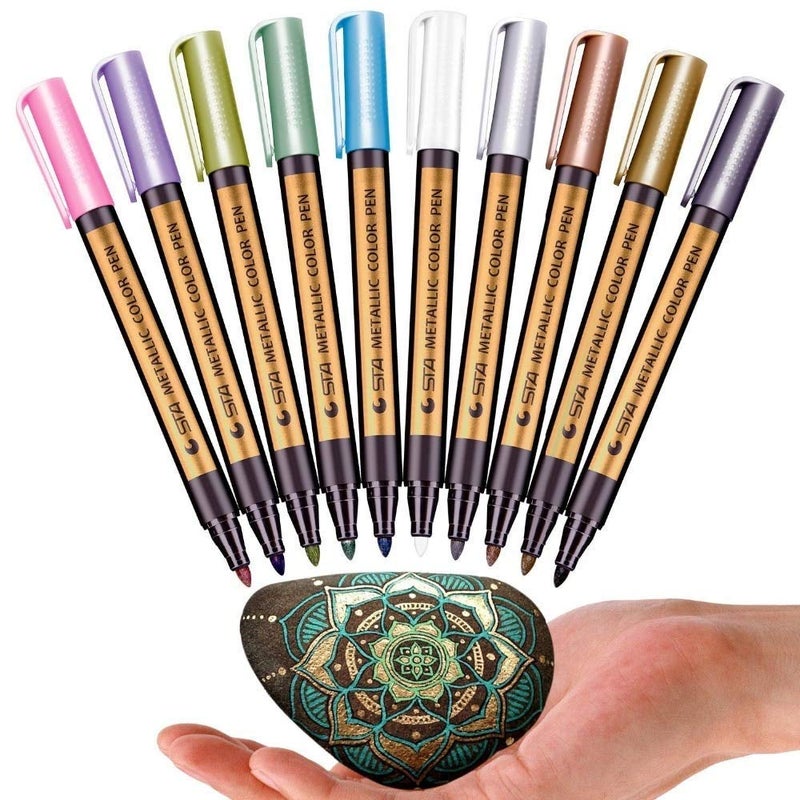 eS3kube eS³kube Metallic 10pcs Color Marker Pens for Rock, Ceramic, Glass, Unsealed Slate, Stone, Plastic, Painted Cement Dry Surface, Drywall, Scrapbooking, etc - Medium Point - Image 1