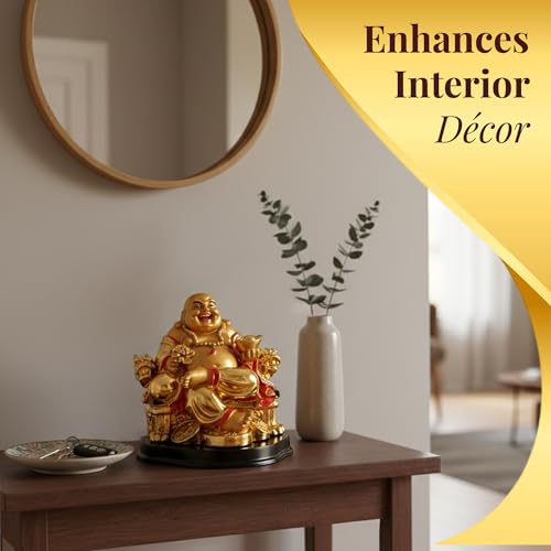 GJ Feng Shui Laughing Buddha On Chair with Ingot and Money Coin for Health, Wealth and Happiness (13 cm, Gold) - Image 5