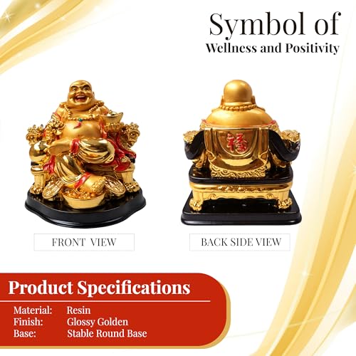 GJ Feng Shui Laughing Buddha On Chair with Ingot and Money Coin for Health, Wealth and Happiness (13 cm, Gold) - Image 3
