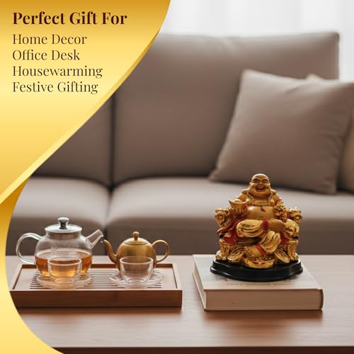 GJ Feng Shui Laughing Buddha On Chair with Ingot and Money Coin for Health, Wealth and Happiness (13 cm, Gold) - Image 4