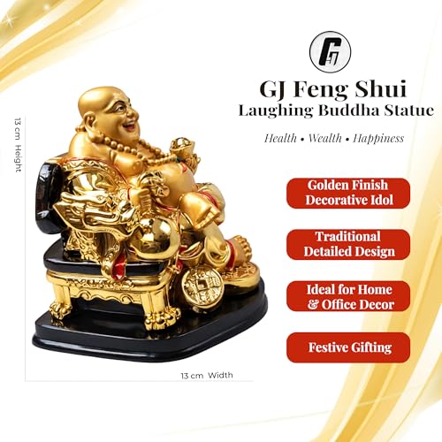 GJ Feng Shui Laughing Buddha On Chair with Ingot and Money Coin for Health, Wealth and Happiness (13 cm, Gold) - Image 2