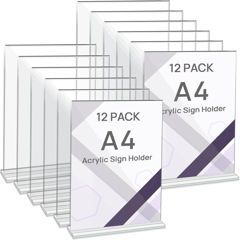 JEFURE Pack of 12 A4 Table Stands, T-Stand Clear Acrylic Stands, Double-Sided Price Tags, Flyer Stand, Menu Card Holder for Wedding, Restaurant, Office, Cafe - Image 1