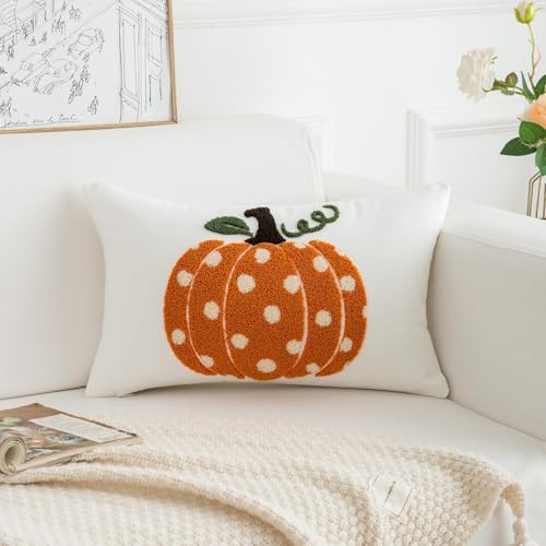 HOMFREEST Fall Pumpkins Pillow Covers 12x20 Inch Dots Pumpkin Embroider Decorative Throw Pillowcases Farmhouse Autumn Seasonal Harvest Patio Cushion Cases for Sofa Couch Home - Image 1