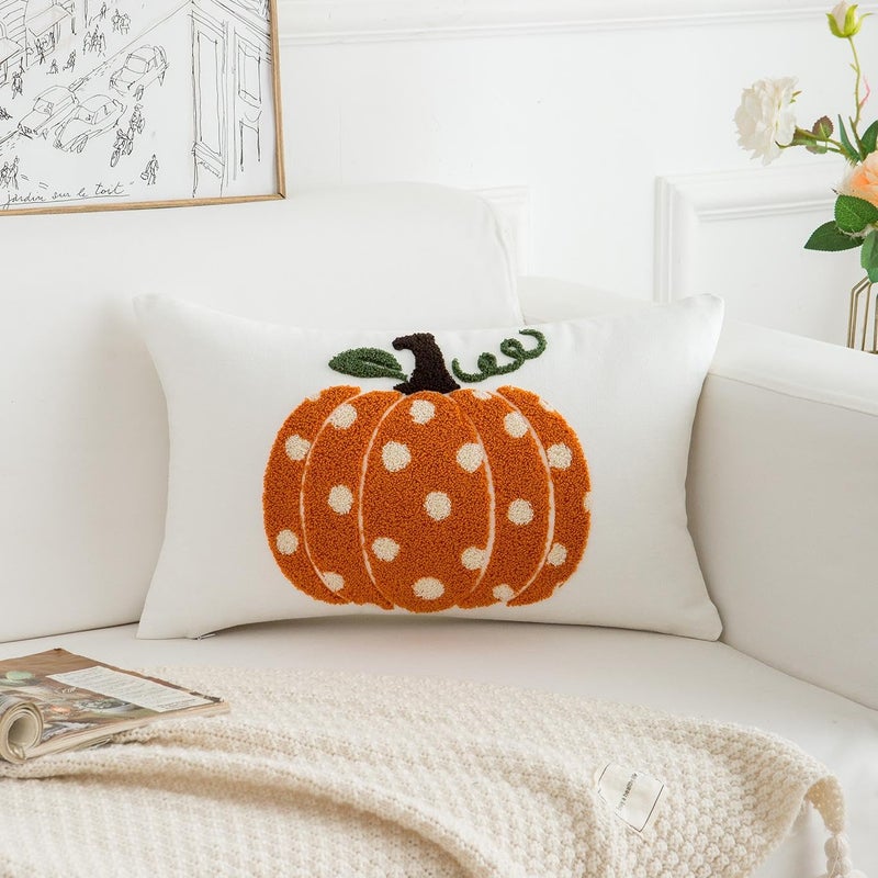 HOMFREEST Fall Pumpkins Pillow Covers 12x20 Inch Dots Pumpkin Embroider Decorative Throw Pillowcases Farmhouse Autumn Seasonal Harvest Patio Cushion Cases for Sofa Couch Home - Image 2